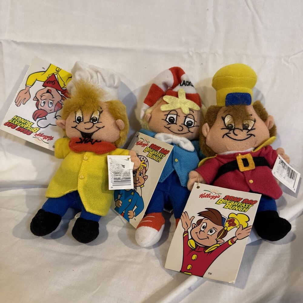 Vtg 1997 Kelloggs Bean Bag Breakfast Bunch Snap Crackle Pop Plush Lot 3 NWT